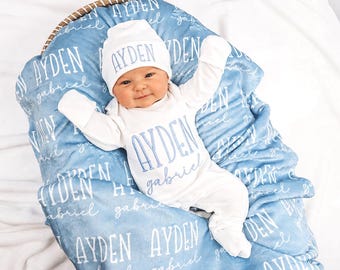 Custom Baby Swaddle with Name or Newborn Outfit Set, Personalized Baby Gift, Baby Shower Keepsake, Embroidered Coming Home Set