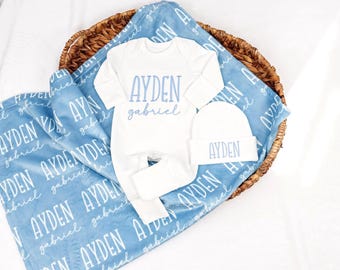 Baby Blanket with Name, Personalized Newborn Outfit and Hat, Embroidered Baby Gift, Baby Shower Keepsake, Coming Home Set