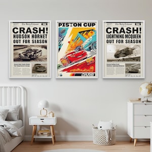 Póster de la película Cars (3 unidades), accidente del Hudson Hornet, accidente de Rayo McQueen, impresión de periódico de Cars, artículos de la Copa Pistón, láminas artísticas de Disney Cars