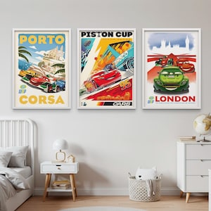 Juego de 3 pósteres de la película Cars, Copa Pistón, póster de McQueen, Rayo McQueen, láminas de Cars de Disney, habitación infantil de Cars, lámina artística de Cars, arte mural de Cars