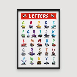 Póster del alfabeto de Cars de Disney, decoración infantil de Rayo McQueen, póster de letras, decoración infantil, Cars, imprimible educativo, descarga digital