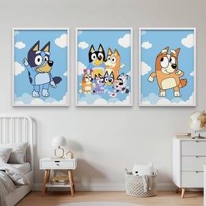 Juego de 3 pósteres de Bluey, impresiones de Bluey, póster de Bluey, impresión artística de Bluey, arte de pared de Bluey, Bluey y Bingo, mamá Bluey, papá Bluey, decoración de habitación infantil