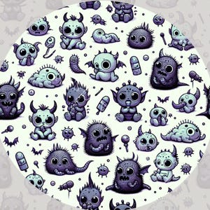 May include: A repeating pattern of cartoon monsters in shades of purple and gray. The creatures have various shapes, including horned, spiky, and winged designs. Some are sitting, while others are lying down, creating a playful and whimsical aesthetic.