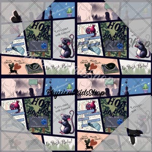 May include: A patchwork design featuring various illustrated panels. The panels include a cartoon rat, a pomegranate, a deer with a heart, and text that reads "HOA", "The City of Forks Welcomes You", and "La Push Baby!". The color palette includes blues, greens, and pinks.
