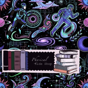 May include: A digital illustration with a black backdrop, showcasing planets, galaxies, and moons. Two figures in futuristic suits are running. The image includes a banner with the text "Physical Kids Shop" and stacks of books.