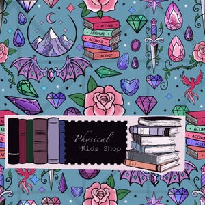 May include: A teal background with a repeating pattern of fantasy elements. The design includes pink roses, gemstones, a dagger, a phoenix, and stacks of books. The text "Physical Kids Shop" is displayed on a black banner.
