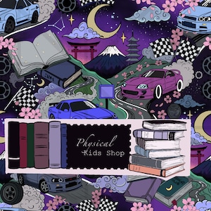 May include: A whimsical illustration featuring a purple and blue sports car racing on a winding road, with Japanese-inspired elements like cherry blossoms, a pagoda, and Mount Fuji. The text "Physical Kids Shop" is displayed on a rectangular label with books.