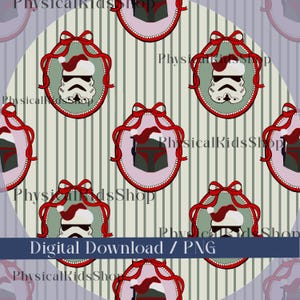 May include: A repeating pattern featuring oval ornaments with red bows and Star Wars characters wearing Santa hats. The ornaments are set against a striped background. The text "Digital Download / PNG" is at the bottom.
