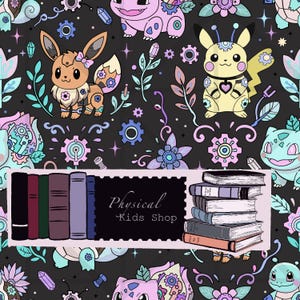 May include: A dark grey fabric pattern featuring stylised cartoon creatures, gears, crystals, and flowers in pastel pink, blue, and yellow. A rectangular label in the centre displays the text Physical Kids Shop next to a stack of illustrated books.