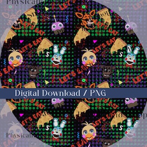 May include: Circular digital design featuring cartoon characters, pizza slices, and cupcakes on a black background with green and purple dots. The words "LET'S EAT" are scattered throughout the design. The text "Digital Download / PNG" is at the bottom.