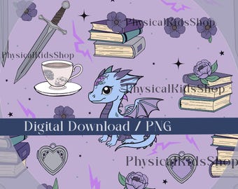 May include: A repeating pattern featuring a light blue dragon, books, a sword, a teacup, lockets, and flowers on a lavender background. The text "Digital Download / PNG" is displayed across the bottom.