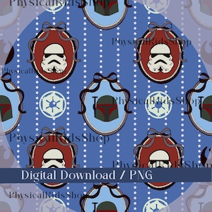 May include: A digital download featuring a repeating pattern of Star Wars characters and symbols. The design includes oval frames with Stormtrooper helmets and Boba Fett helmets, set against a blue background with white stars and the text "Digital Download / PNG".