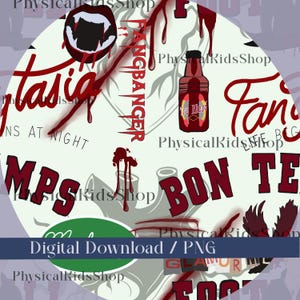May include: A circular digital download graphic with a vampire theme. The design features a bottle of "Tru Blood", vampire fangs, and dripping blood. Text includes "Fangbanger", "Vamps at Night", and "Bon Temps".