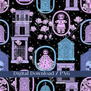 May include: Seamless digital pattern featuring gothic architectural elements, doll illustrations, and floral accents in shades of purple and blue on a black background. The words "Digital Download / PNG" are at the bottom.