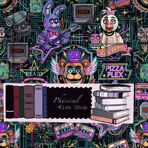 May include: A seamless pattern featuring Five Nights at Freddy's characters including Bonnie with a guitar, Chica with a cupcake, and Freddy Fazbear, alongside cassette tapes, security cameras, and circuit board lines on a dark background.