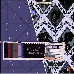 May include: A fabric pattern featuring a dark purple background with yellow stars and a light purple section with diamond-shaped frames containing silhouettes of figures and text reading Umbra Mortis. A label displays Physical Kids Shop.