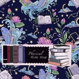 May include: A dark blue background with a repeating pattern of koi fish, lotus flowers, and open books. The image features a black rectangle with the text "Physical Kids Shop" and a stack of books.