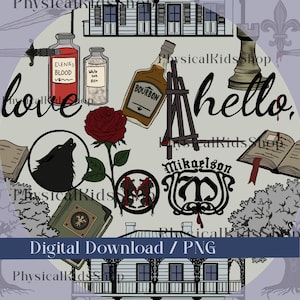 Op de afbeelding: Een digitale download met diverse elementen, waaronder een fles met het label "ELENA'S BLOOD", een fles "White Oak Ash", een bourbonfles, een roos, een wolf en de woorden "love" en "hello". De tekst "Digital Download / PNG" is ook aanwezig.