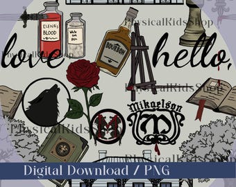 May include: A digital download graphic with various elements including a bottle labeled "ELENA'S BLOOD", a bottle of "White Oak Ash", a bottle of bourbon, a rose, a wolf, and the words "love" and "hello".