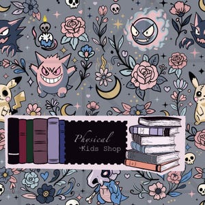 May include: A gray background with a pattern of cartoon characters, flowers, skulls, and books. The text "Physical Kids Shop" is displayed on a black rectangle with a pink border. The image features a variety of colors, including pink, blue, and yellow.