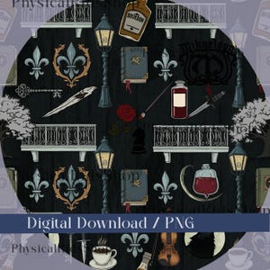 Op de afbeelding: Een herhalend patroon op een donkere achtergrond met vintage illustraties. Het ontwerp bevat fleur-de-lis, straatlantaarns, boeken, een roos, een flesje, een dolk en een balkon. De woorden "Digital Download / PNG" staan onderaan.