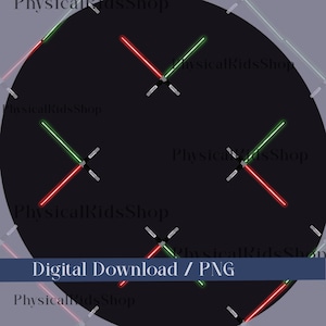 May include: A dark background with a repeating pattern of red and green lightsabers. Each lightsaber is paired with a white cross-shaped hilt. The text "Digital Download / PNG" is displayed at the bottom.