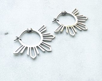 Silver Bayani Small Sun Hoop Earrings, Stainless Steel, Philippines/Filipina Inspired Jewelry