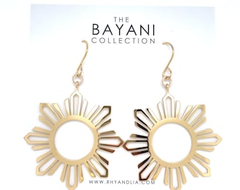 Gold Bayani Full Sun Drop Earrings, Stainless Steel, Philippines/Filipina Inspired Jewelry