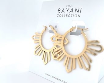 Gold Bayani Large Sun Hoop Earrings, Stainless Steel, Philippines/Filipina Inspired Jewelry