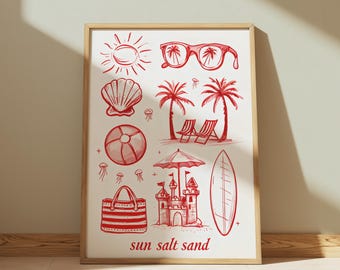 Puede incluir: Una ilustración roja y blanca de artículos de playa de verano, que incluyen una sombrilla de playa, sillas de playa, una concha, una pelota de playa, una tabla de surf, un castillo de arena, gafas de sol, una bolsa de playa y palmeras. El texto "sun salt sand" está en la parte inferior de la ilustración.