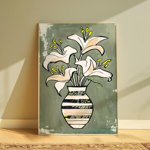 Impresión de arte de pared floral moderno, póster de jarrón de lirios abstractos, decoración botánica para el hogar, impresión de arte estético verde, ilustración de flores neutras