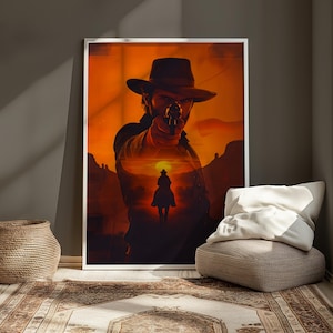 Cowboy Western Wall Art Print, Vintage Sunset Gunman Poster, Wild West Decor, Rustic Cowboy Artwork, Red Dead Style Gift