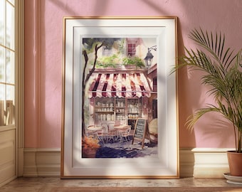 Aquarel afdrukbare Paris Café | Franse bistrokunst aan de muur | Digitale download coffeeshopdecoratie
