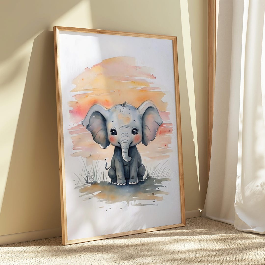 Cute Baby Elephant Nursery Wall Art Watercolour Jungle Safari Animal ...