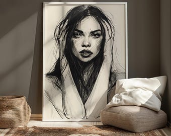 Black and White Woman Portrait Print | Expressive Sketch Art (Digital Download)