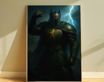 Dark Knight Warrior Art Print, Lightning Fantasy, Gothic Decor (Digital Download)