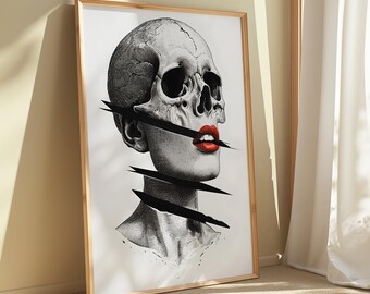 Puede incluir: Impresión artística enmarcada que presenta una ilustración en escala de grises de un cráneo humano con rostro femenino y labios rojos. Rayas negras cortan la imagen. La obra de arte se exhibe en un marco de madera.