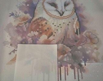 Könnte beinhalten: Ein Diamant-Malset mit einem weißen Scheunenkauz mit braunen Markierungen, der auf einem Ast mit einem violetten und rosafarbenen aquarellartigen Hintergrund sitzt. Das Set trägt den Titel "Do What Makes You Sparkle" und enthält den Text "Diamond Art Club".