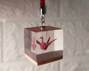 Mini Eternity Origami Crane in Epoxy Cube with Lanyard
