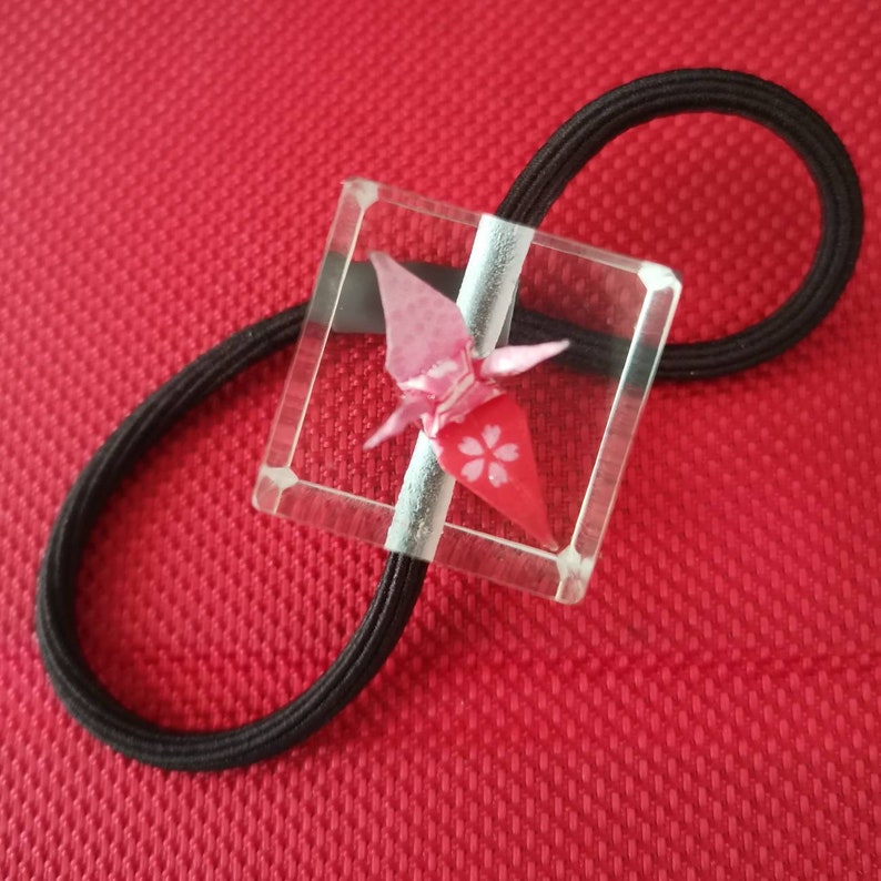 Mini Eternity Origami Crane in Epoxy Cube with hair tie