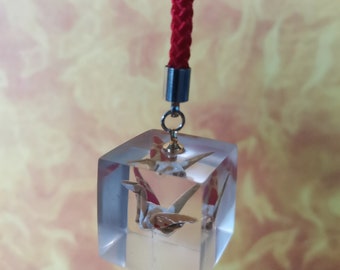 Mini Eternity Origami Crane in Epoxy Cube with Lanyard