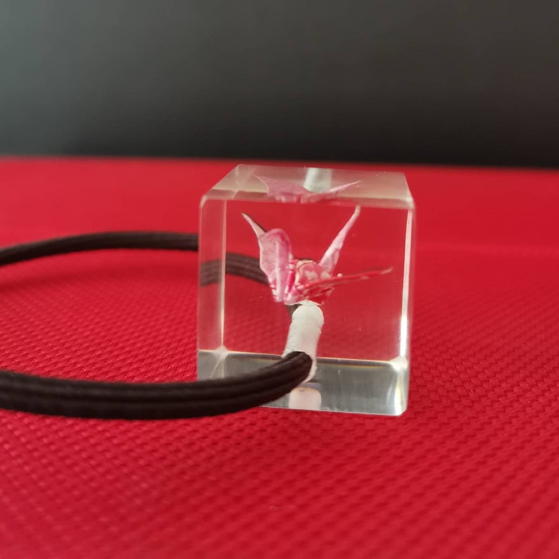 Mini Eternity Origami Crane in Epoxy Cube with hair tie