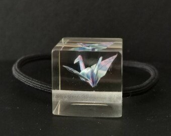 Mini Eternity Origami Crane in Epoxy Cube with hair tie