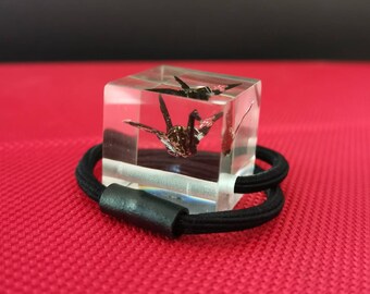 Mini Eternity Origami Crane in Epoxy Cube with hair tie