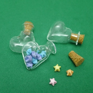 Heart Shaped Miniature Glass Bottle with 10 Ultramini Origami Lucky Stars of your choice