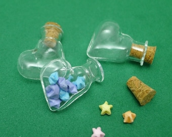 Heart Shaped Miniature Glass Bottle with 10 Ultramini Origami Lucky Stars of your choice