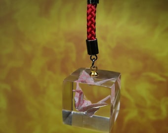 Mini Eternity Origami Crane in Epoxy Cube with Lanyard