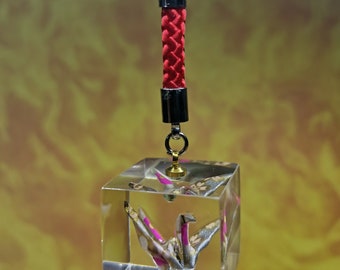 Mini Eternity Origami Crane in Epoxy Cube with Lanyard