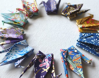 10 Blue themed Washi Japanese Origami Paper Cranes