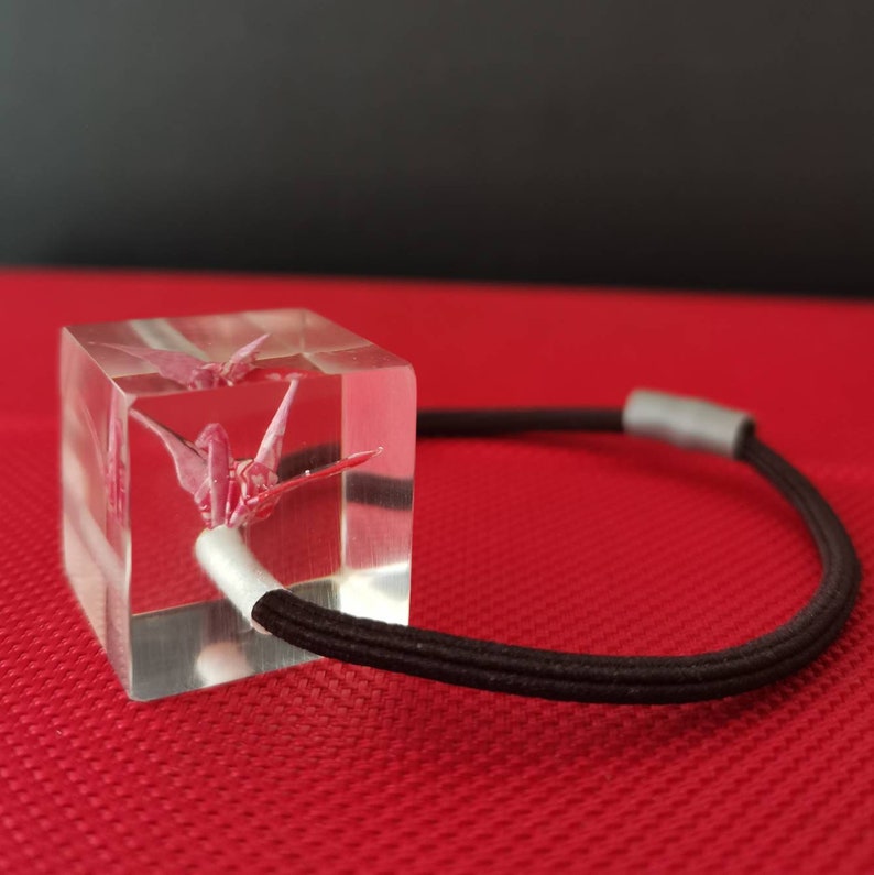 Mini Eternity Origami Crane in Epoxy Cube with hair tie